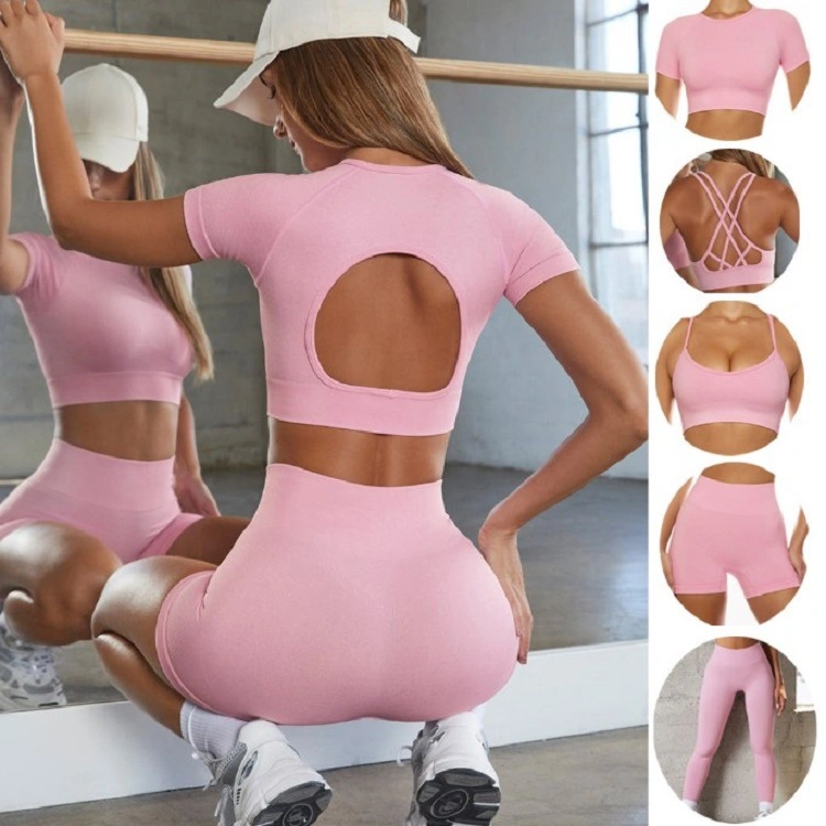 Women Seamless Yoga Clothes Bra Fitness Short Sleeve High Waist Buttock Lifting